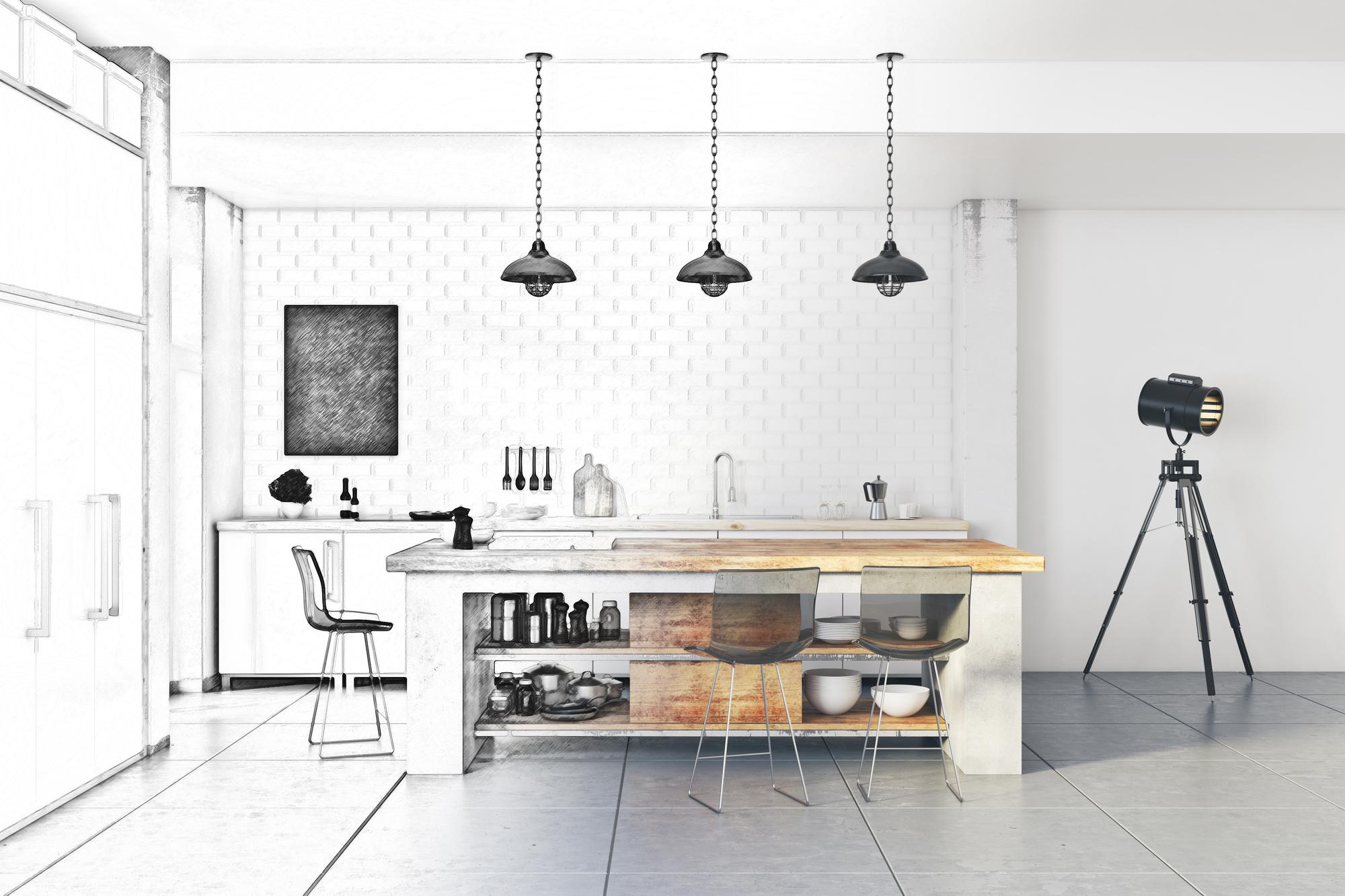 Spazio cucina minimal con pannelli digitali